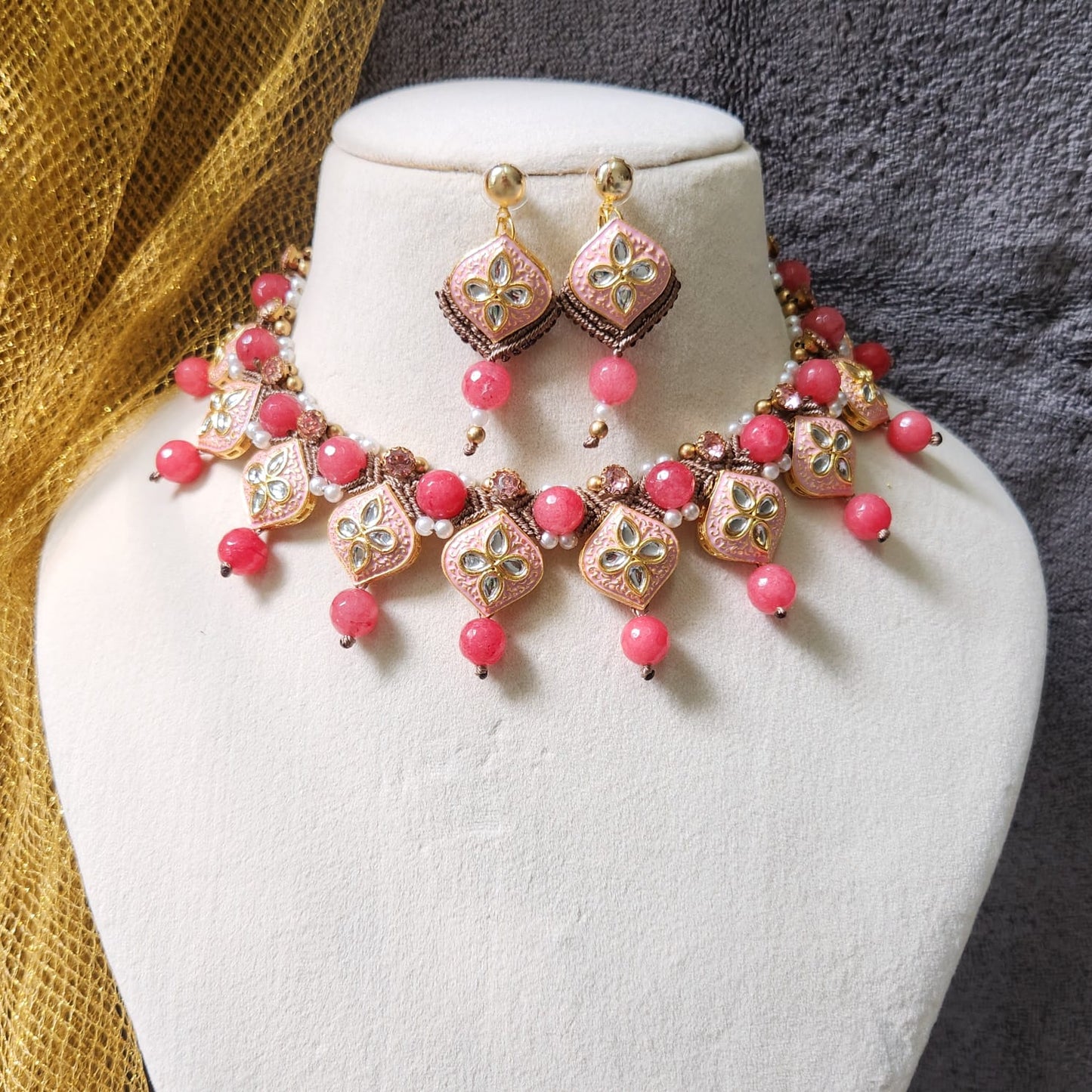 floral jewellery party necklace wedding necklace set lotus meenakari stud earrings stone necklace design formal wear macrame