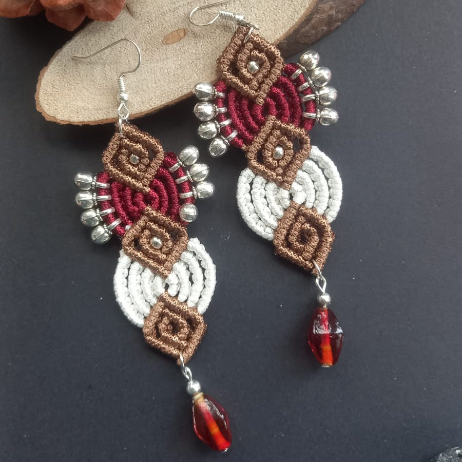 macrame long tribal style earrings with silver beads and gunghroos and glass beads