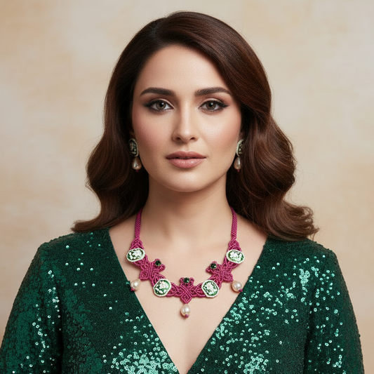 Ujjaini green lotus macrame necklace set