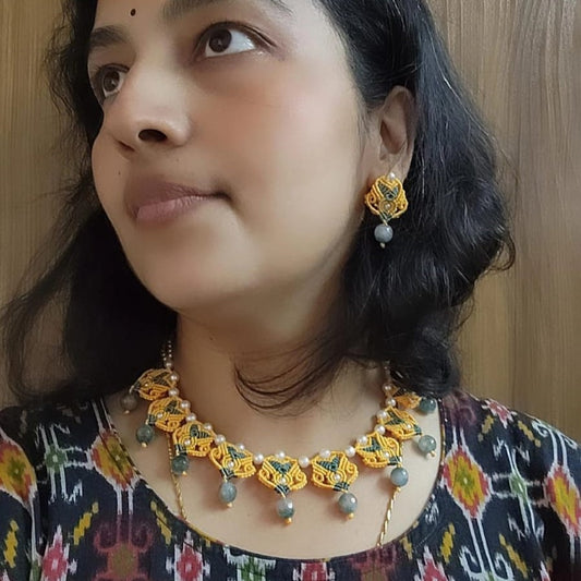 yellow green necklace set bead earrings stud earrings pearl necklace stone necklace party necklace haldi elegant formal