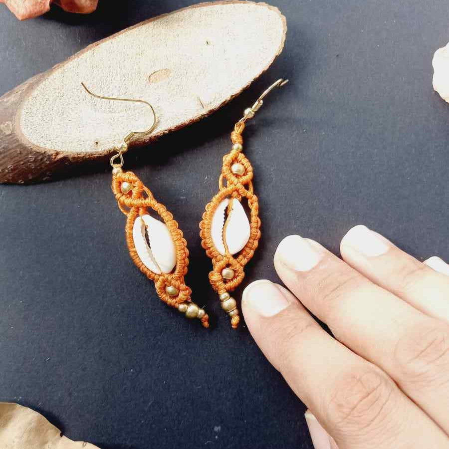 yellow cowrie earrings bead macrame earrings cowrie macrame bead earrings casual earrings brass bead earrings beach wear