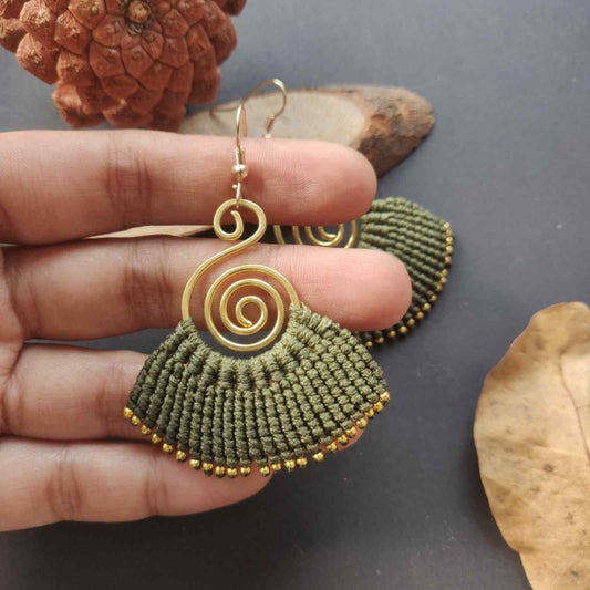 brass earrings macrame earrings olive green earrings party wear earrings gold earrings