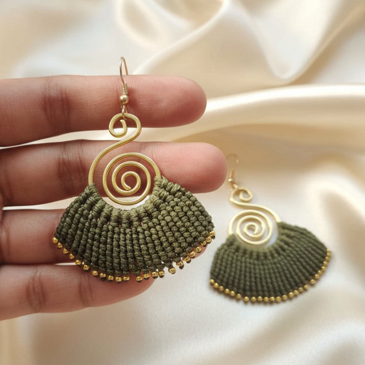 brass earrings macrame earrings olive green earrings party wear earrings gold earrings