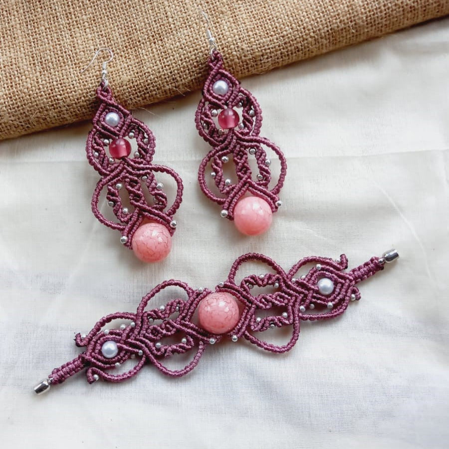Macrame bead dangler earrings in onion pink with pink and pearl beads