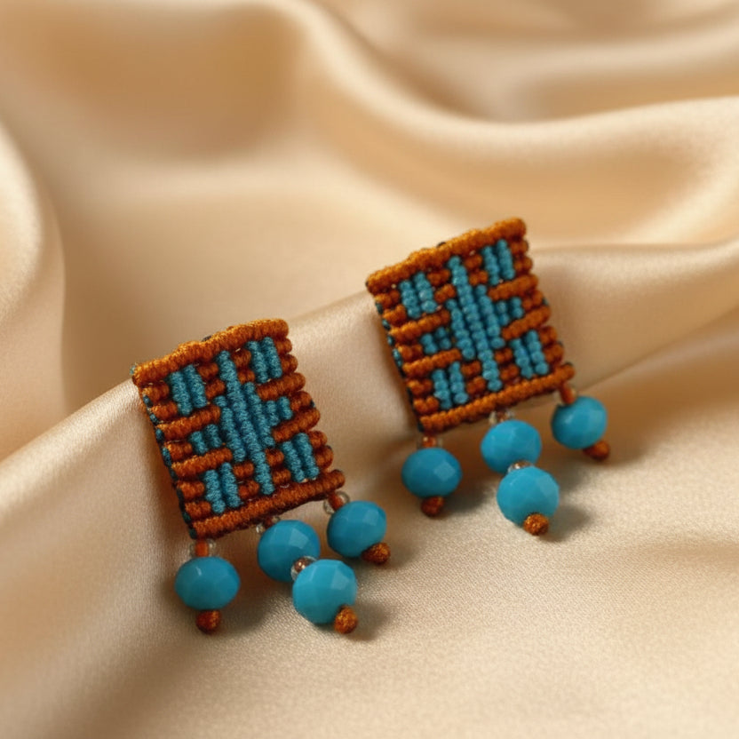 mustard and turquoise cavandoli choker set with turquoise stone pendant and matching stud earrings