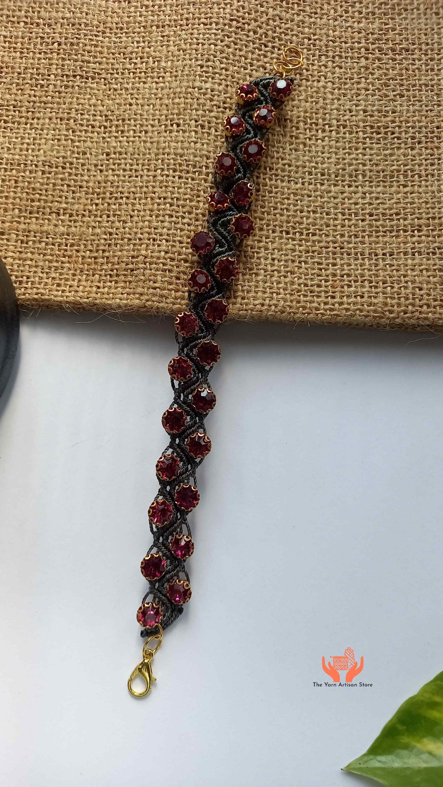handmade macrame bracelet with ruby rhine stones