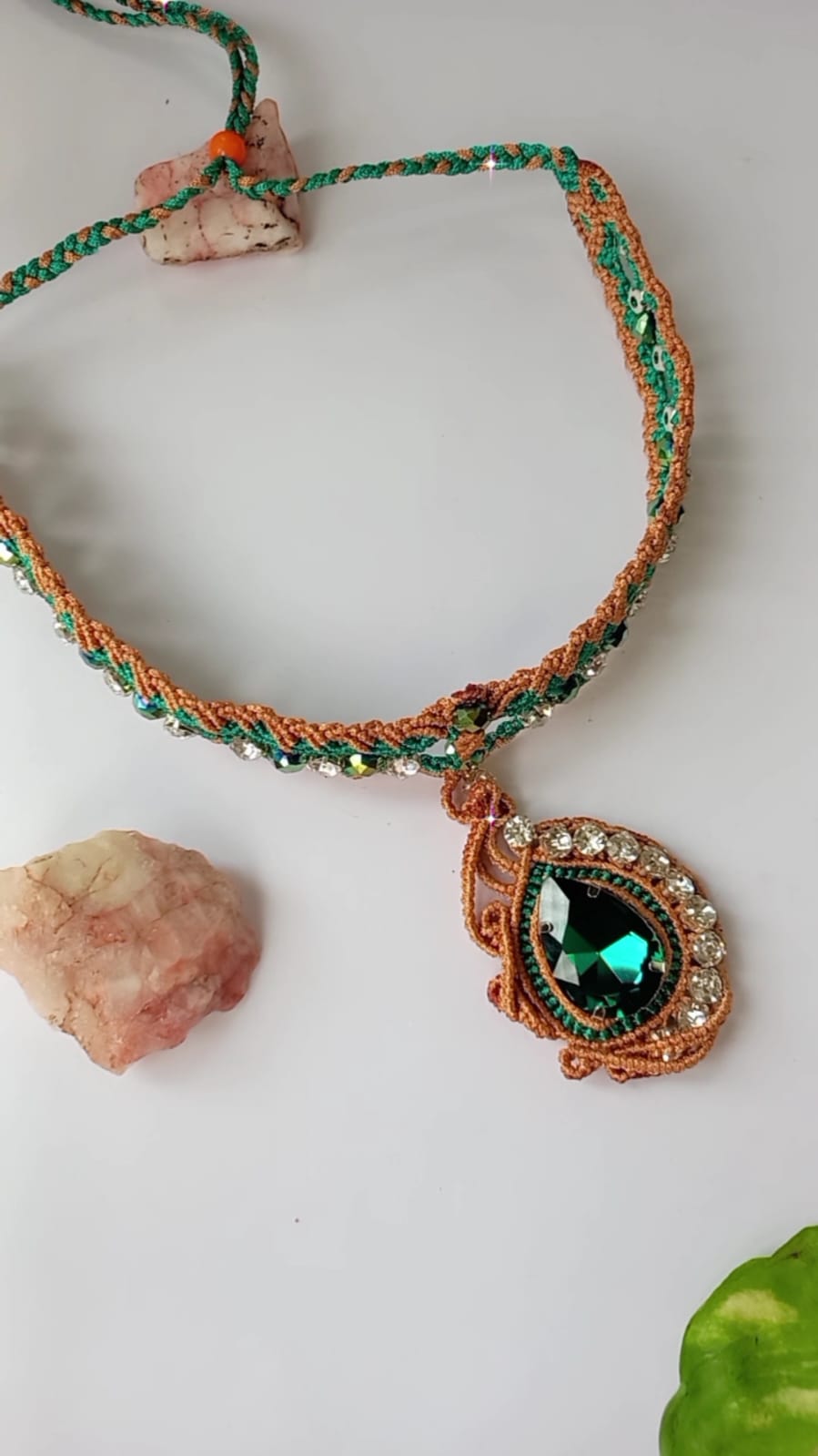 green and white stone macrame choker stud earrings set