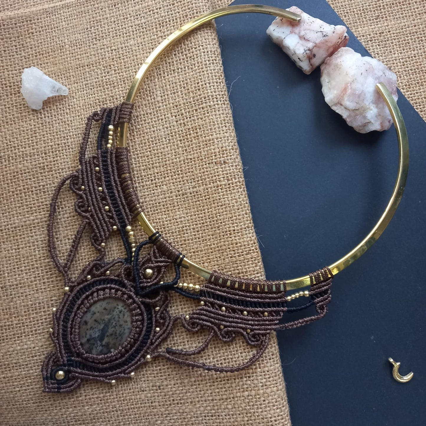 macrame brass choker necklace with jasper stone and brass beads in brown and black yarn
