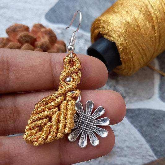 dangler earrings flower earrings leaf earrings macrame earrings dual tone earrings silver earrings oxidised silver