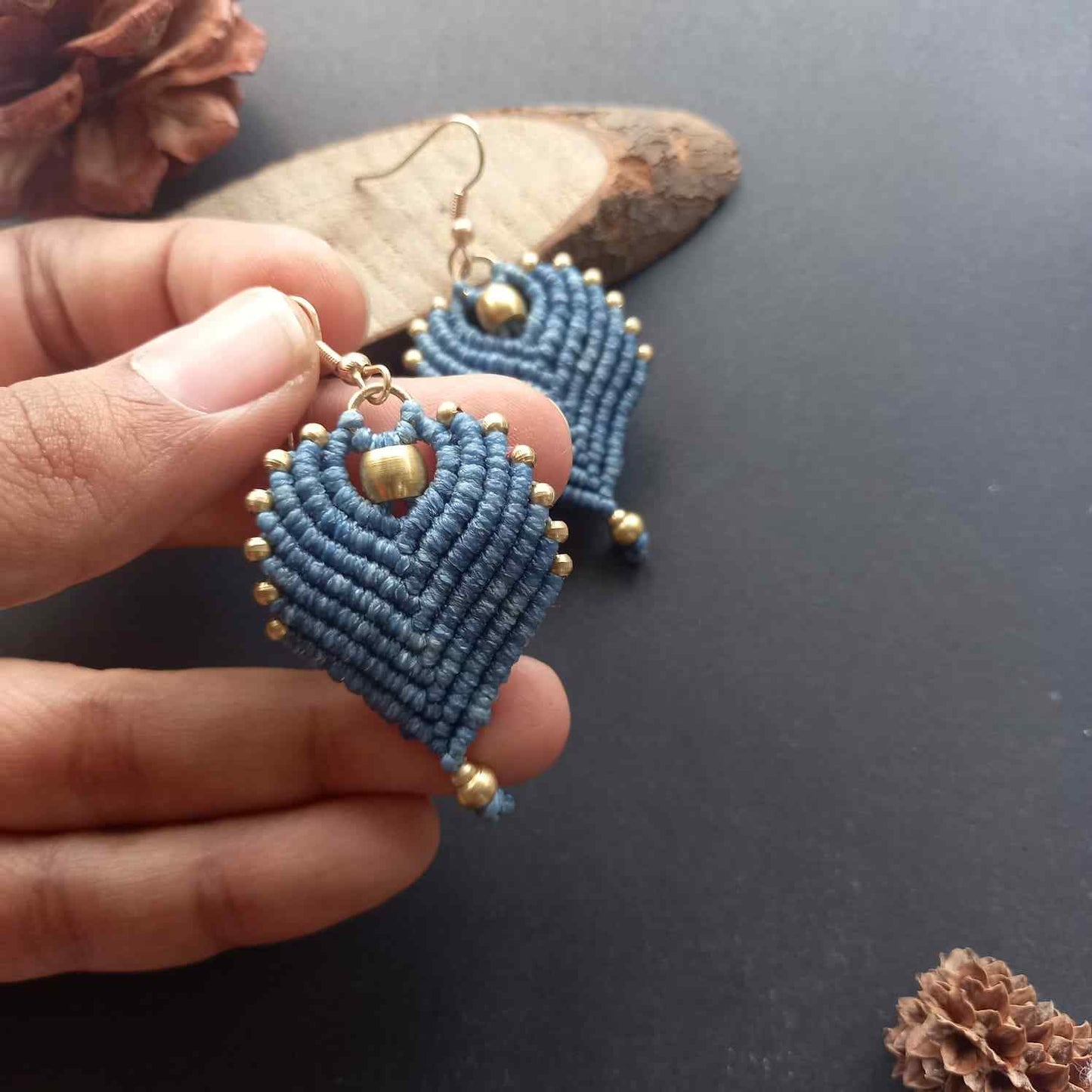 peacock feather earrings brass bead earrings leaf earrings blue earrings