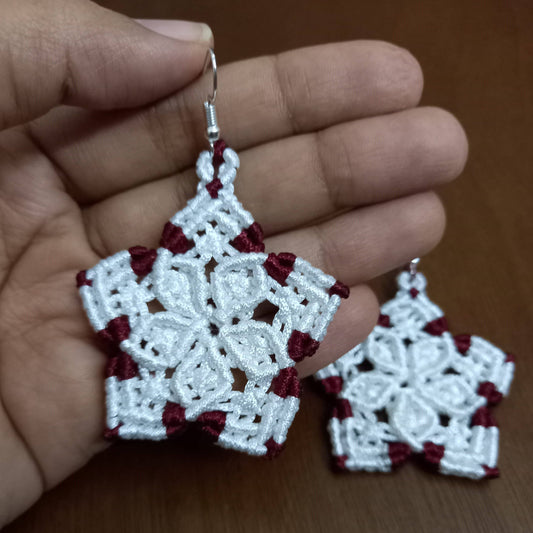 macrame five petalled floral dangler earrings in white and maroon