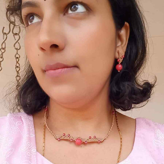 macrame bead necklace stud earrings set in beige with pink agate stone beads