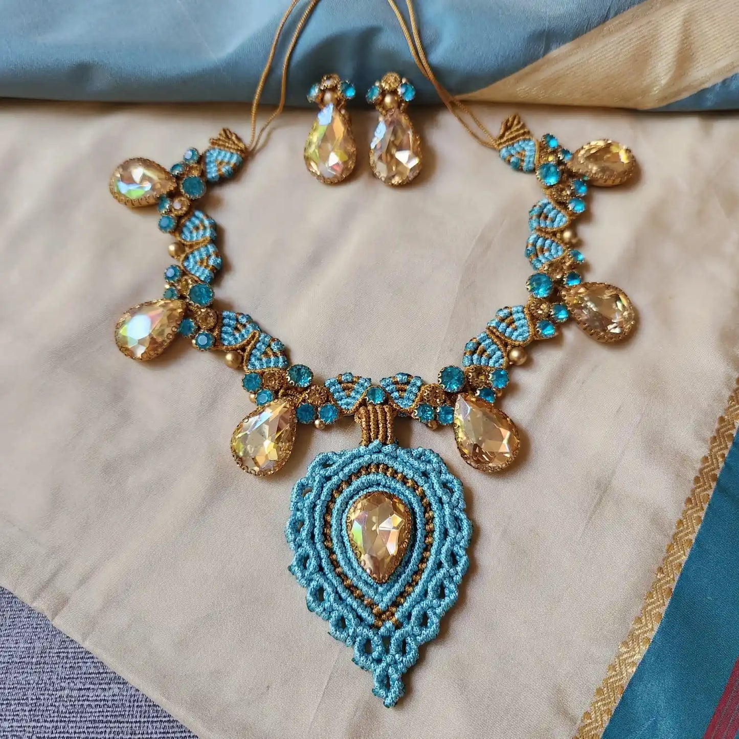 blue gold necklace turquoise topaz party necklace wedding stone necklace bridal necklace puja necklace stud earrings stone