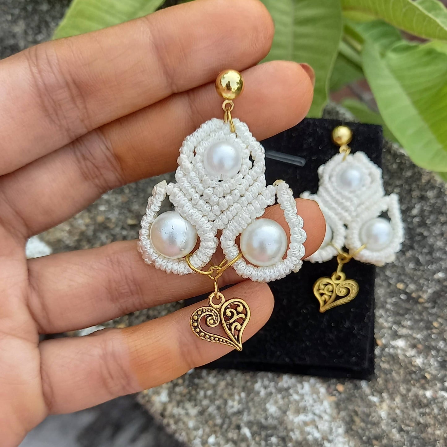 macramé stud dangler earrings with filigree heart accent