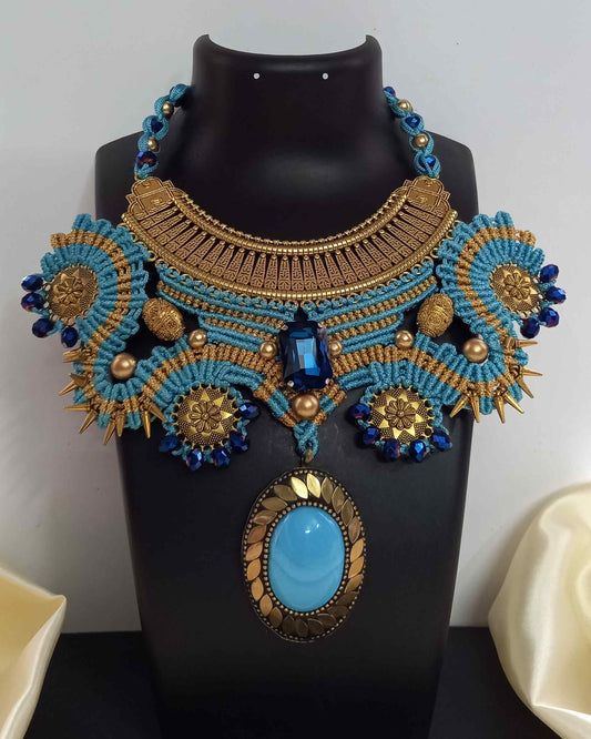 macrame collar style stone necklace and earrings set