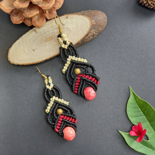 macrame dangler earrings in two colours with ceramic beads