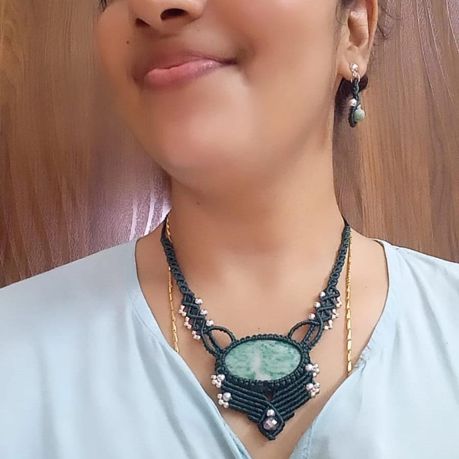vesuvianite stone green stone necklace macrame necklace stud dangler earrings macrame earrings silver bead necklace earrings