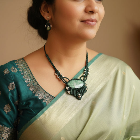 vesuvianite stone green stone necklace macrame necklace stud dangler earrings macrame earrings silver bead necklace earrings