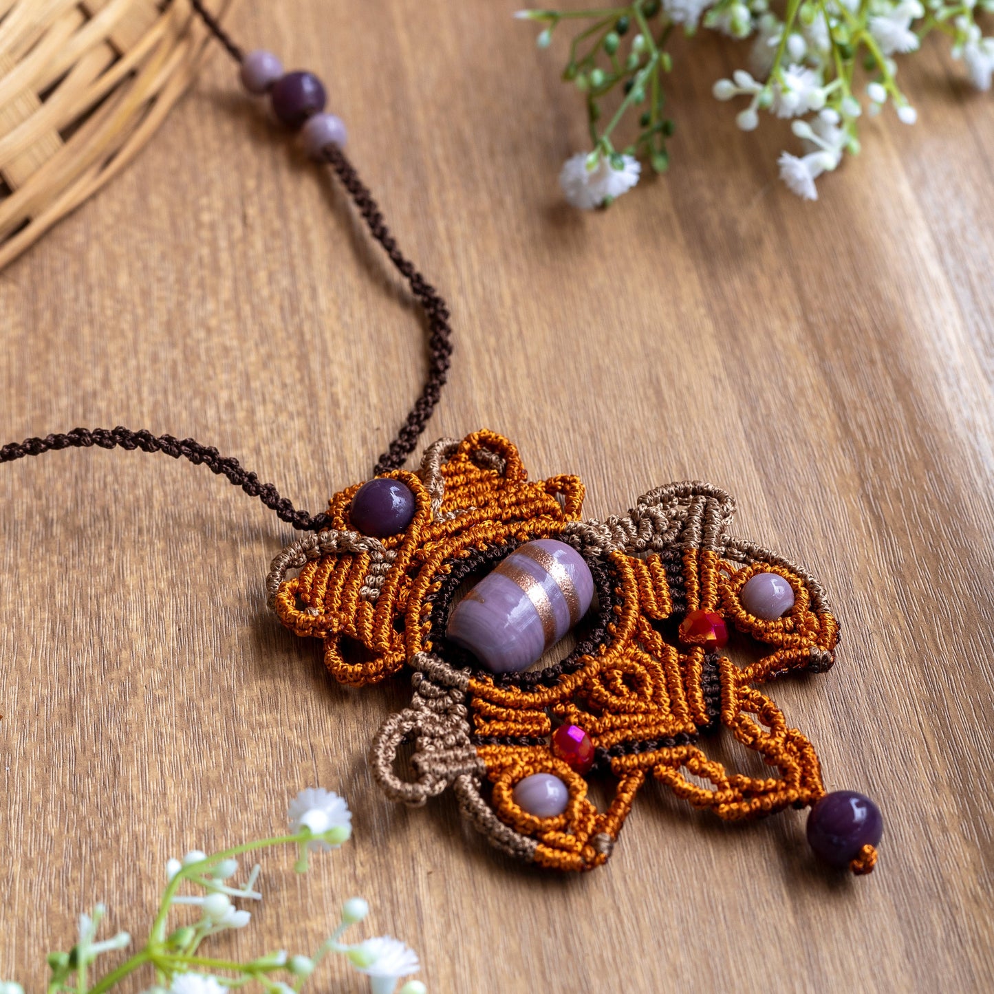 macrame statement necklace with a handmade lampwork bead center