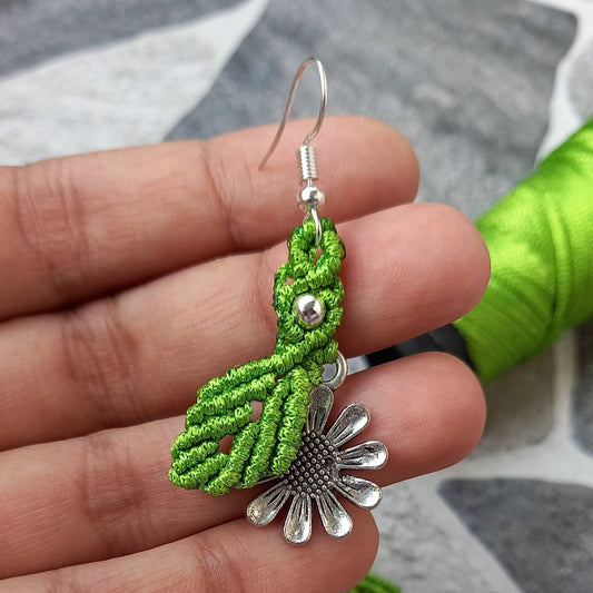 dangler earrings flower earrings leaf earrings macrame earrings green earrings silver earrings oxidised silver