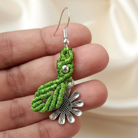 dangler earrings flower earrings leaf earrings macrame earrings green earrings silver earrings oxidised silver