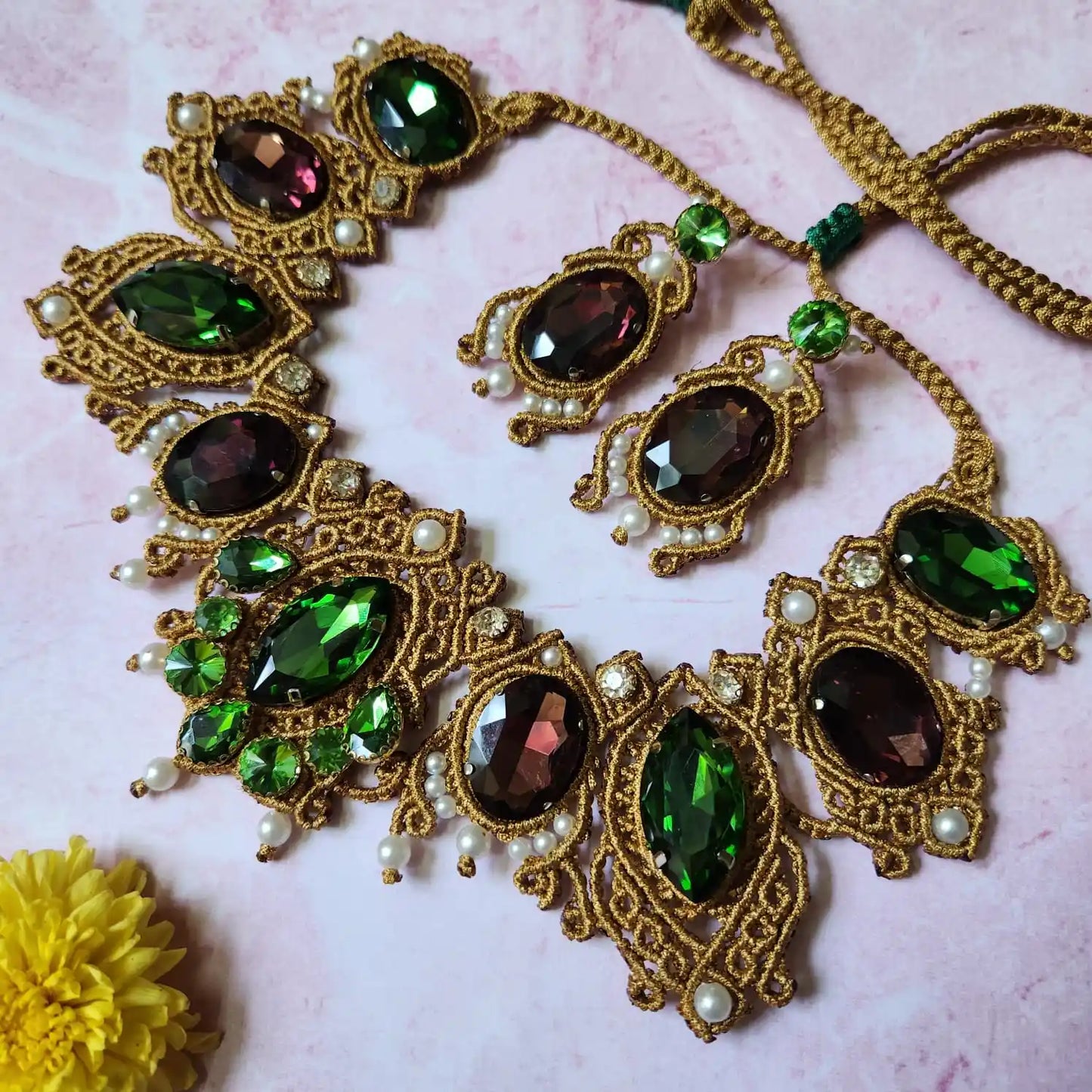 bridal jewellery set gold necklace vintage party wear necklace set green stone wine colour jewellery set stud earrings grand