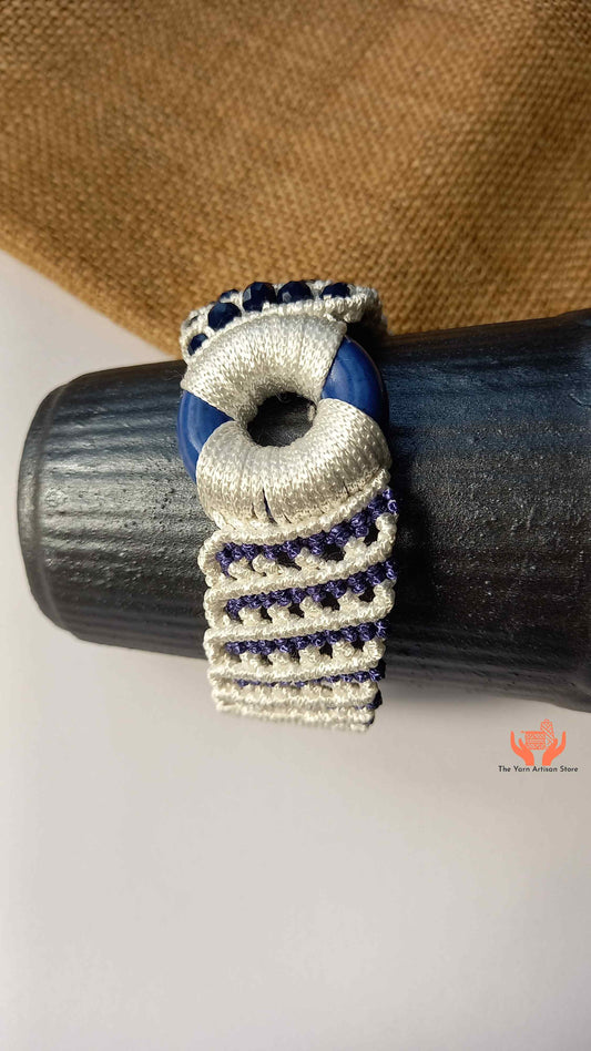 handmade macrame bead bracelet in blue and white