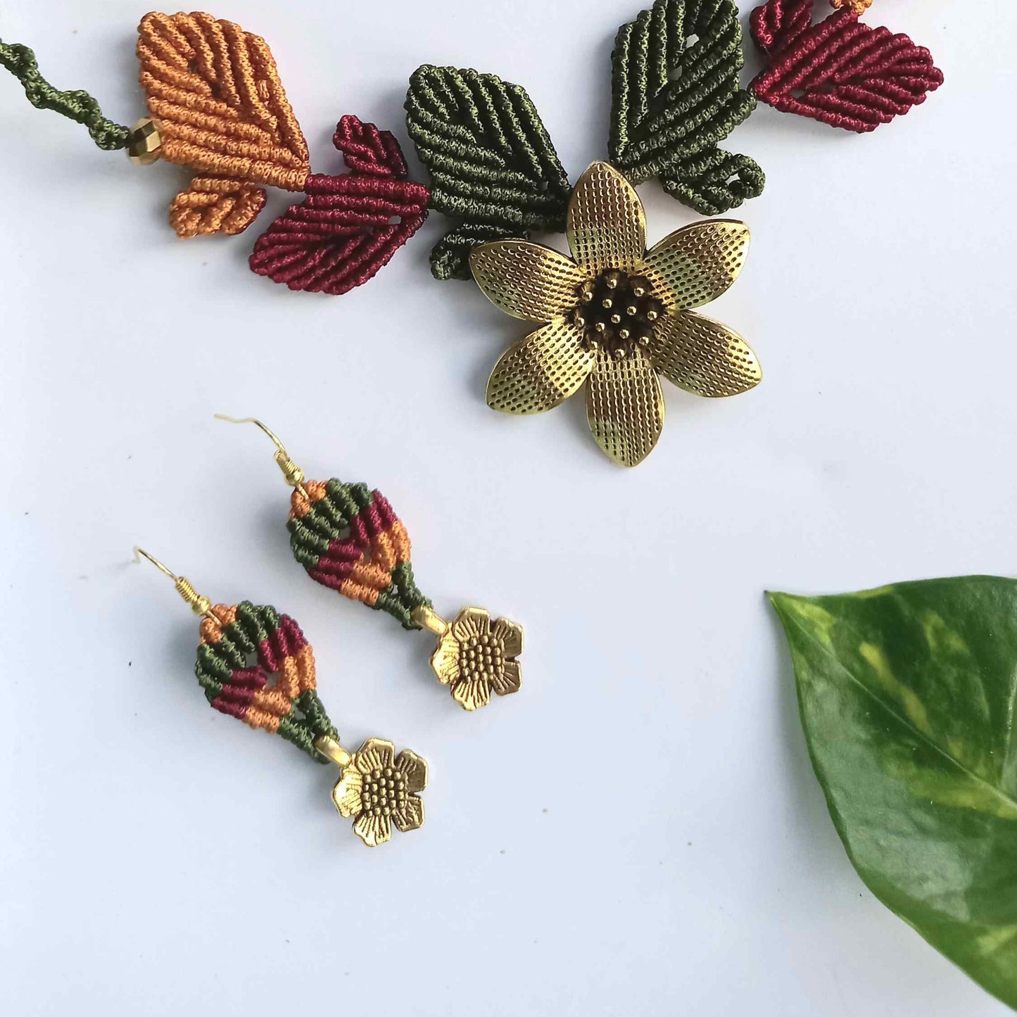 flower and leaves statement necklace and earrings set for women party wear necklace set floral necklace earrings for office formal