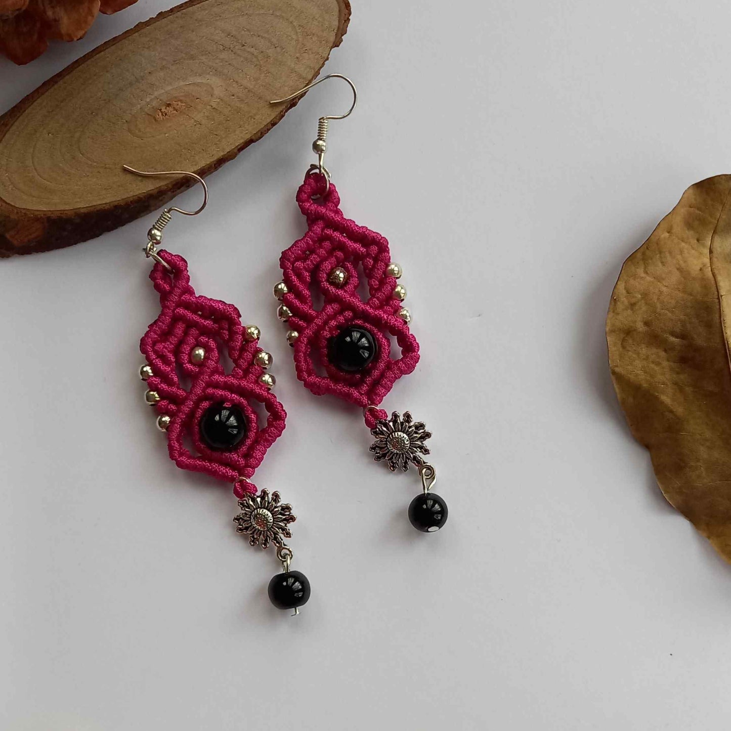 macrame statement dangler earrings with silver charms and beads