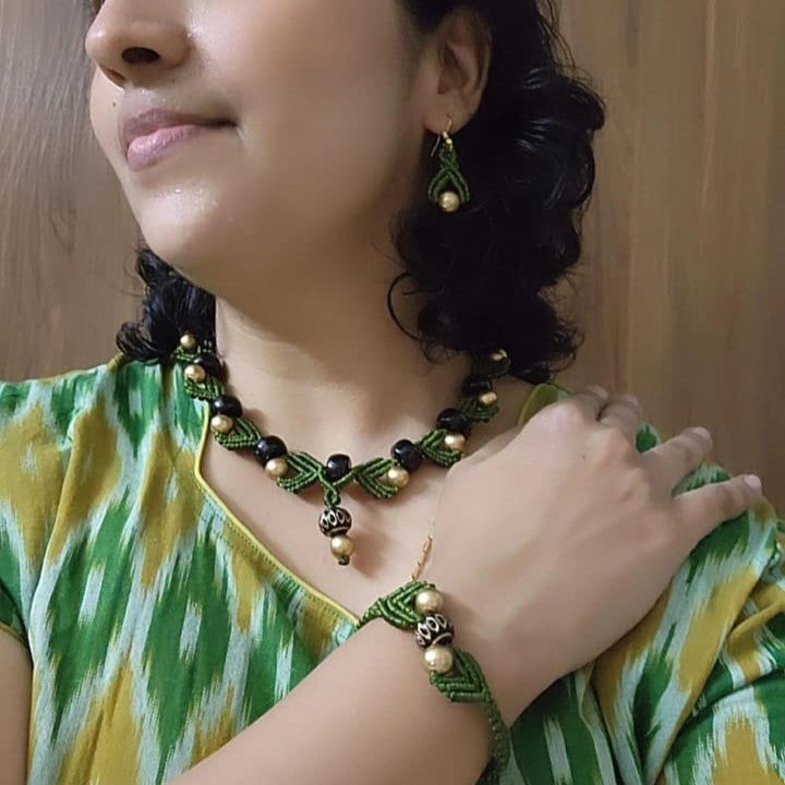 macrame necklace green necklace gold bead necklace black bead necklace stud earrings dangler bead bracelet necklace set