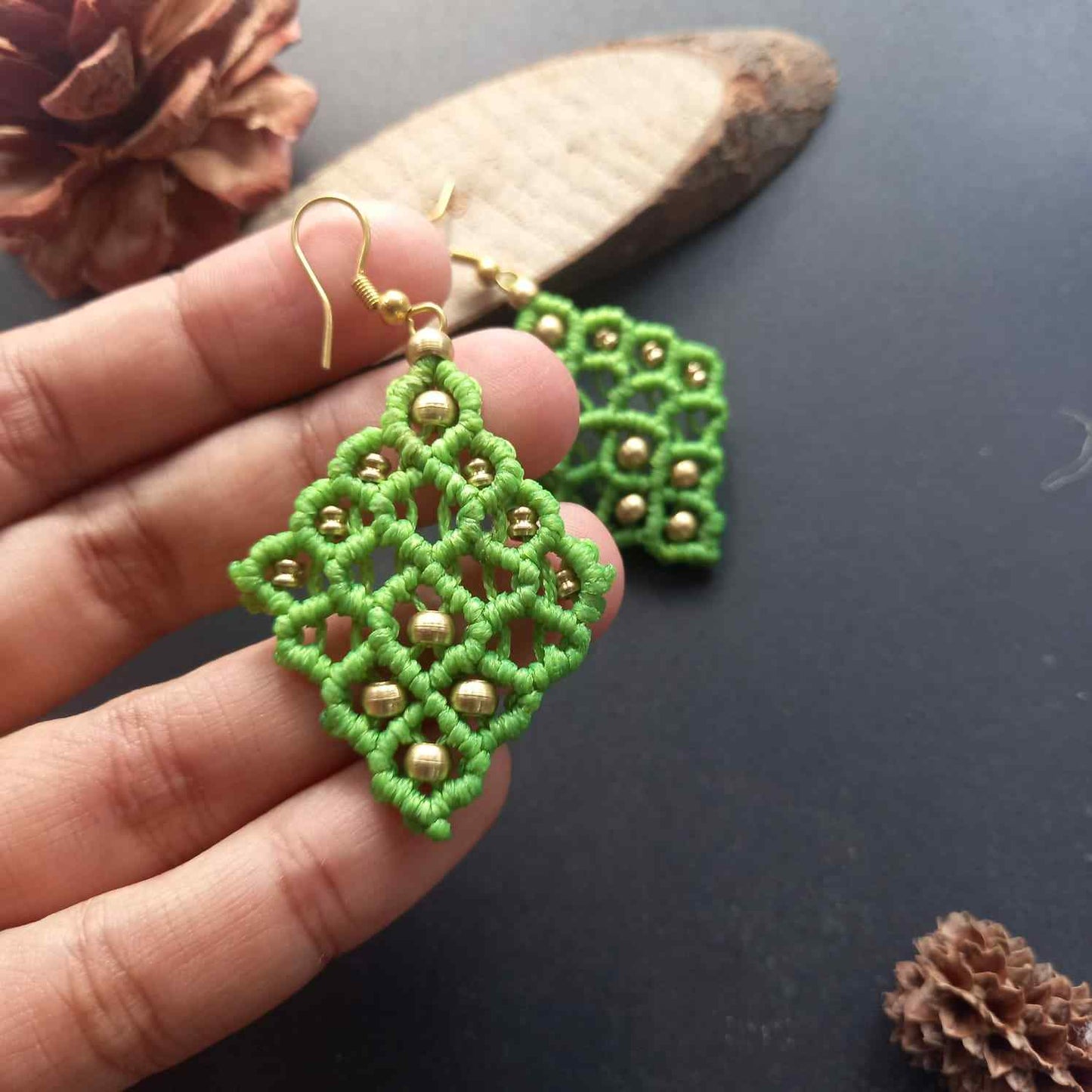 light green diamond shaped bead macrame dangler earrings