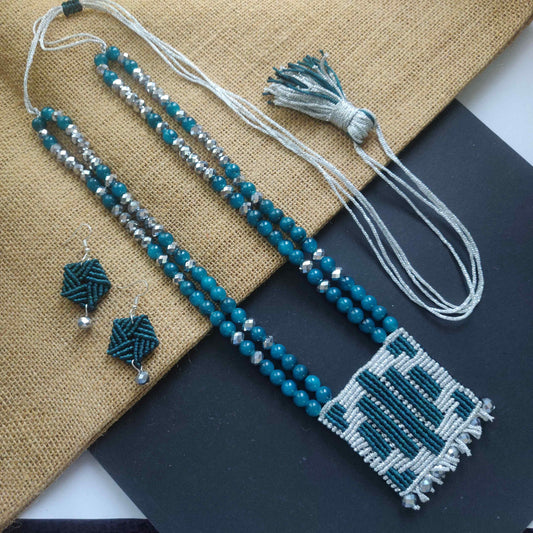 long bead necklace silver necklace set geometric pattern pendant necklace set teal jewellery square necklace