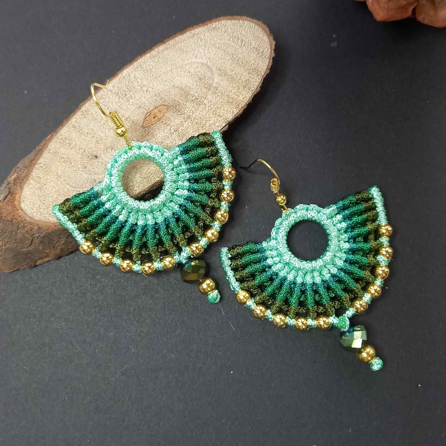 semi-circle macramé bead dangler earrings in different colours