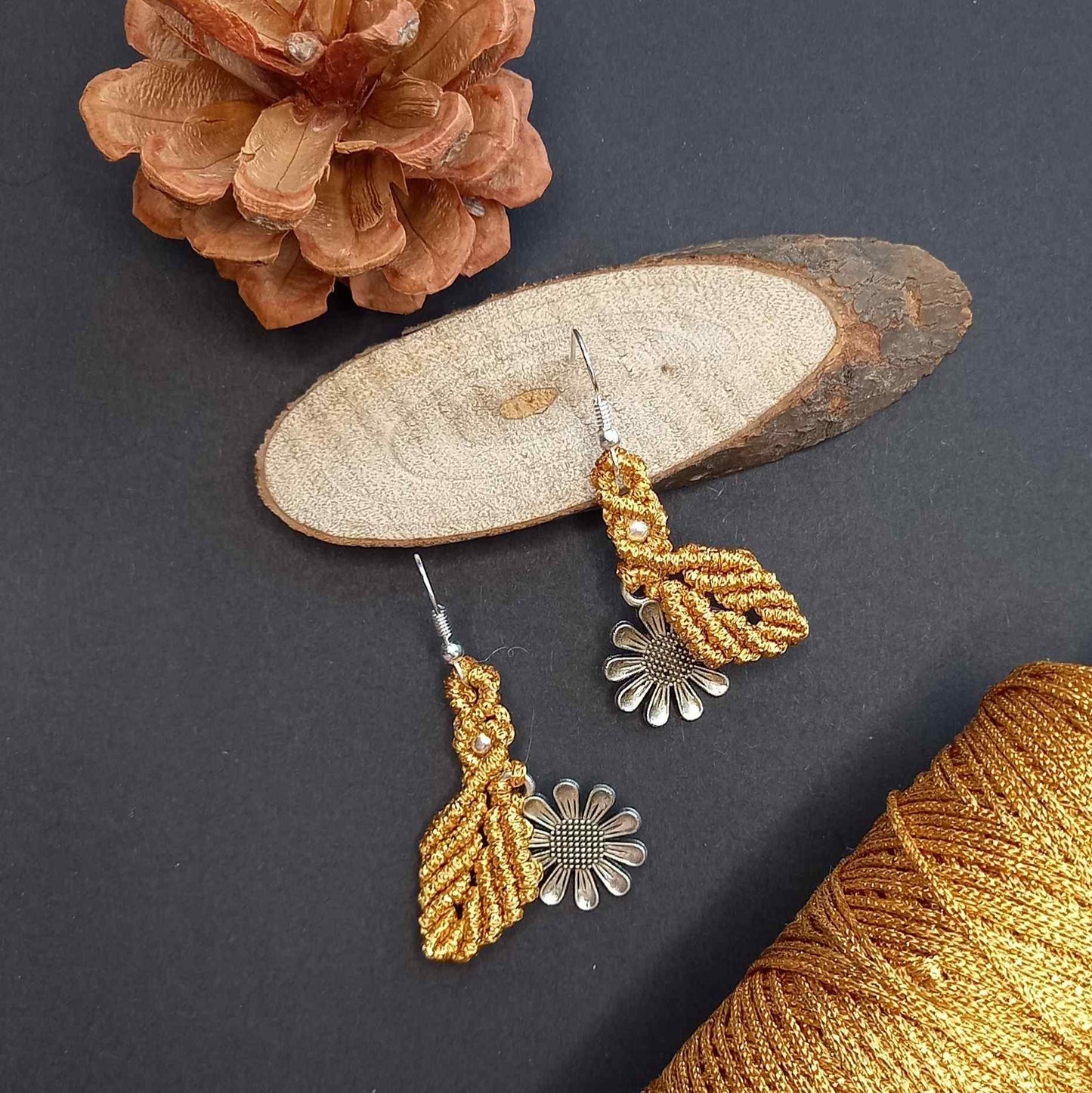 dangler earrings flower earrings leaf earrings macrame earrings dual tone earrings silver earrings oxidised silver