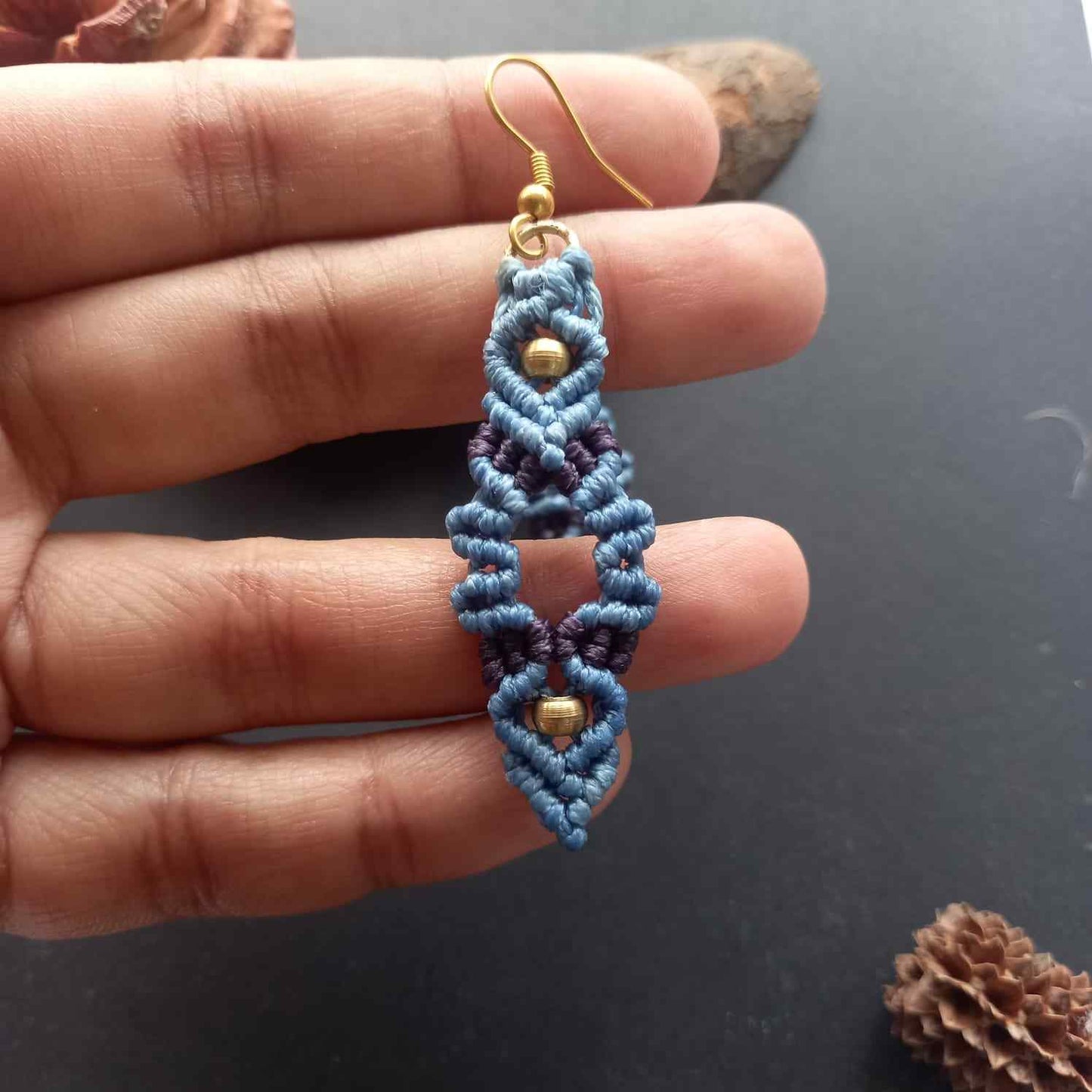 bead earrings macrame earrings zigzag design earrings light blue earrings