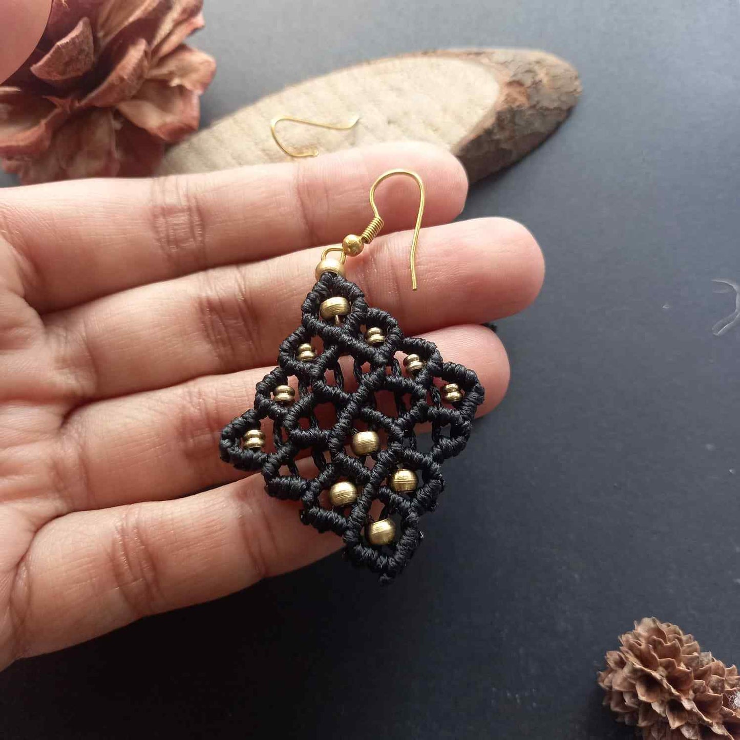 black diamond shaped bead macrame dangler earrings