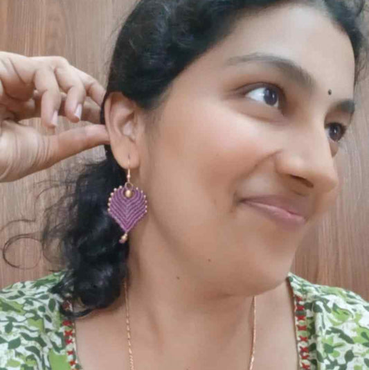 peacock feather earrings brass bead earrings leaf earrings purple earrings