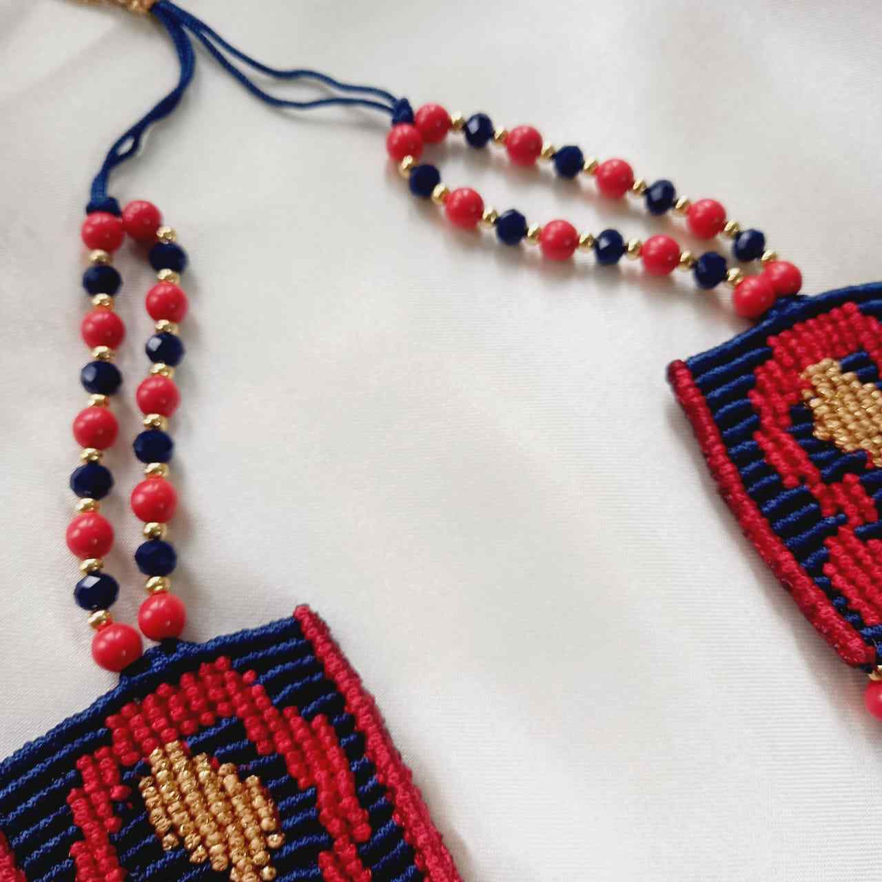 blue and red two layer bead necklace stud earrings set