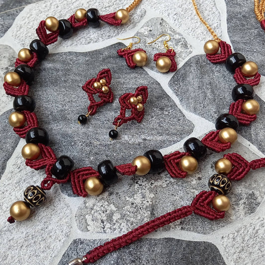 macrame necklace maroon necklace gold bead necklace black bead necklace stud earrings dangler bead bracelet necklace set