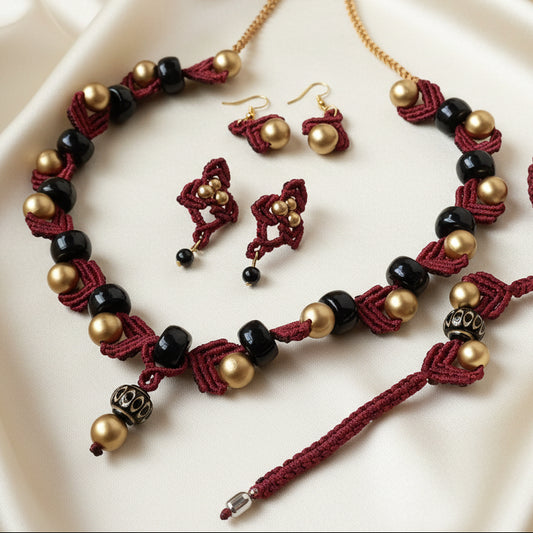 macrame necklace maroon necklace gold bead necklace black bead necklace stud earrings dangler bead bracelet necklace set