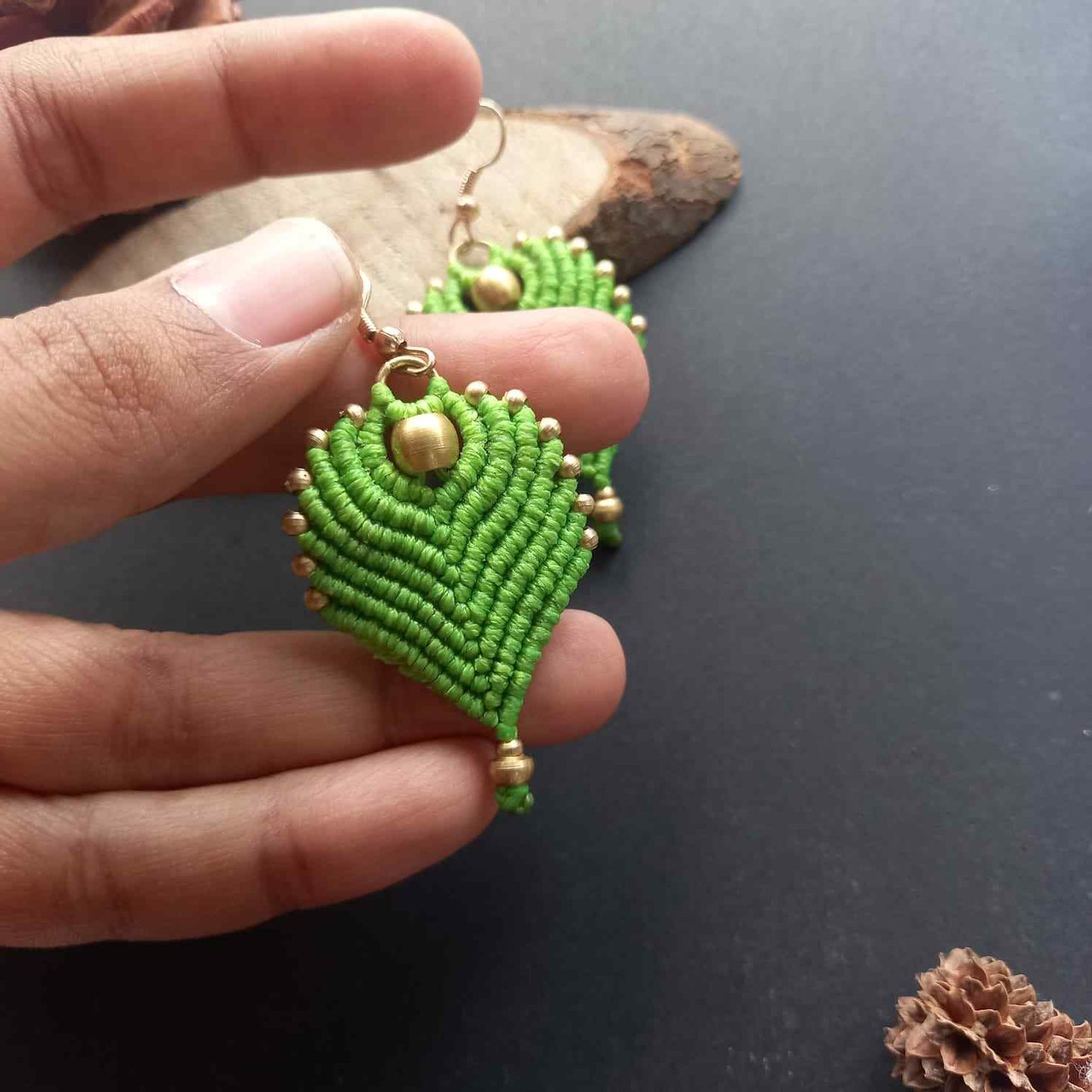 peacock feather earrings brass bead earrings leaf earrings light green earrings