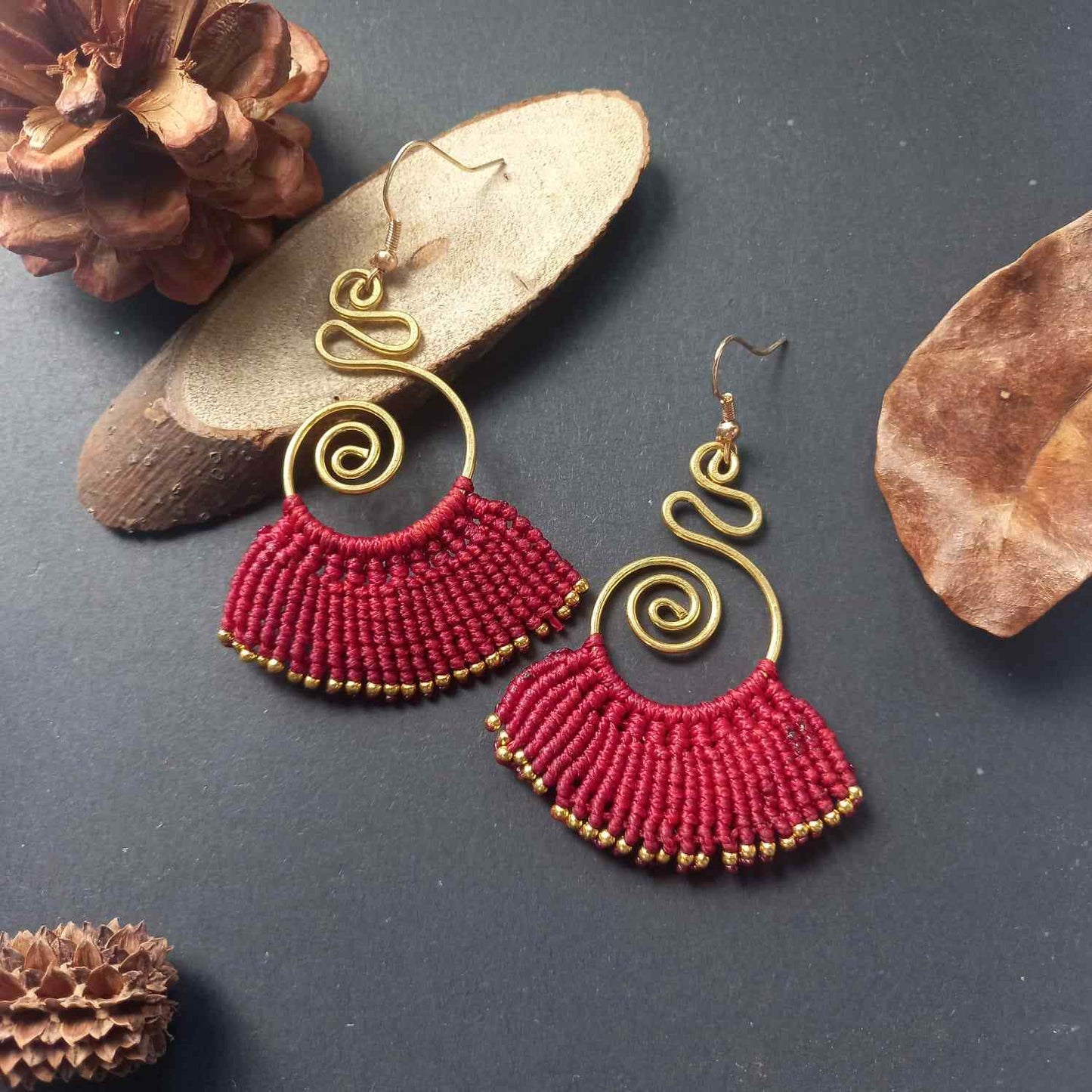 brass earrings macrame earrings red earrings party wear earrings gold earrings
