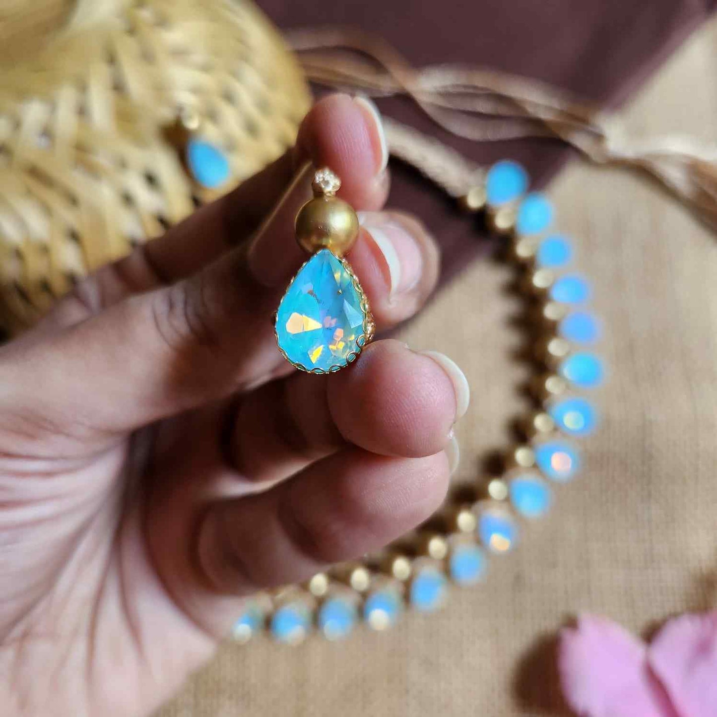 necklace stone jewellery party wedding necklace formal wear macrame necklace set blue gold necklace