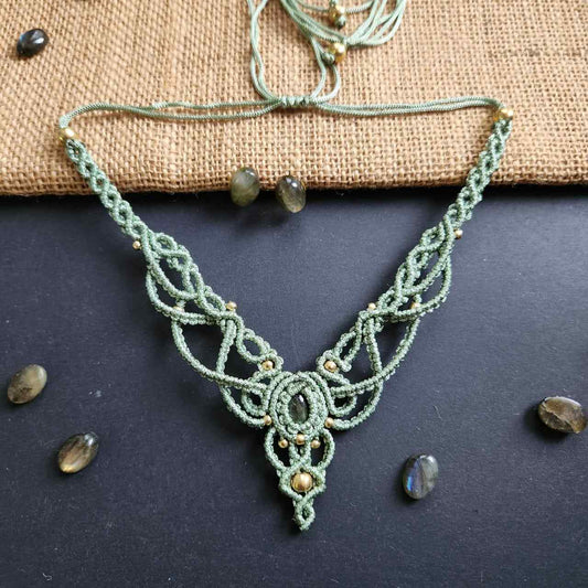 stone necklace small choker necklace macrame necklace labrodorite green stone stud earring stone earring brass bead necklace