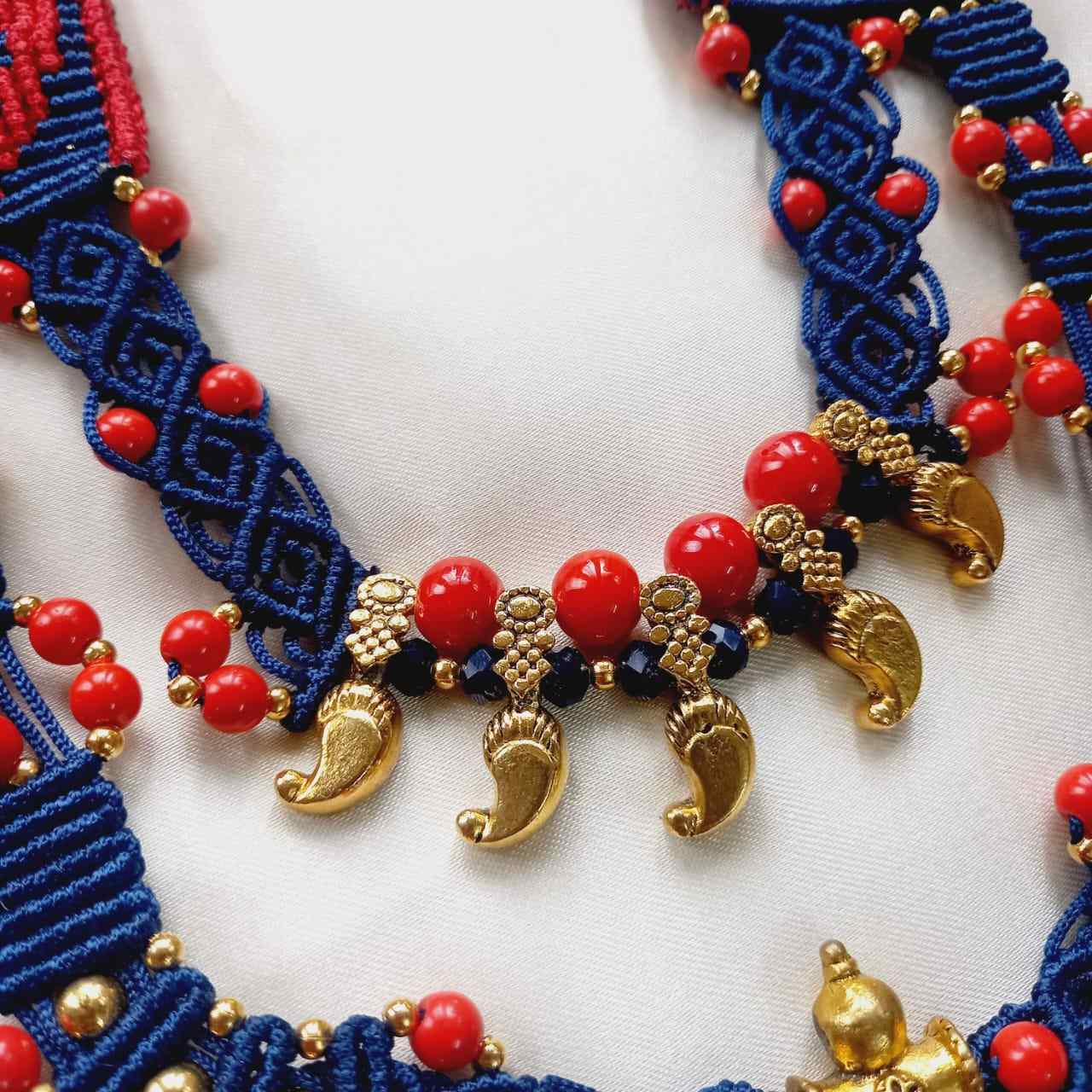 blue and red two layer bead necklace stud earrings set