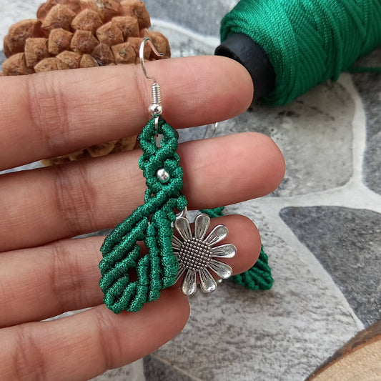 dangler earrings flower earrings leaf earrings macrame earrings green earrings silver earrings oxidised silver