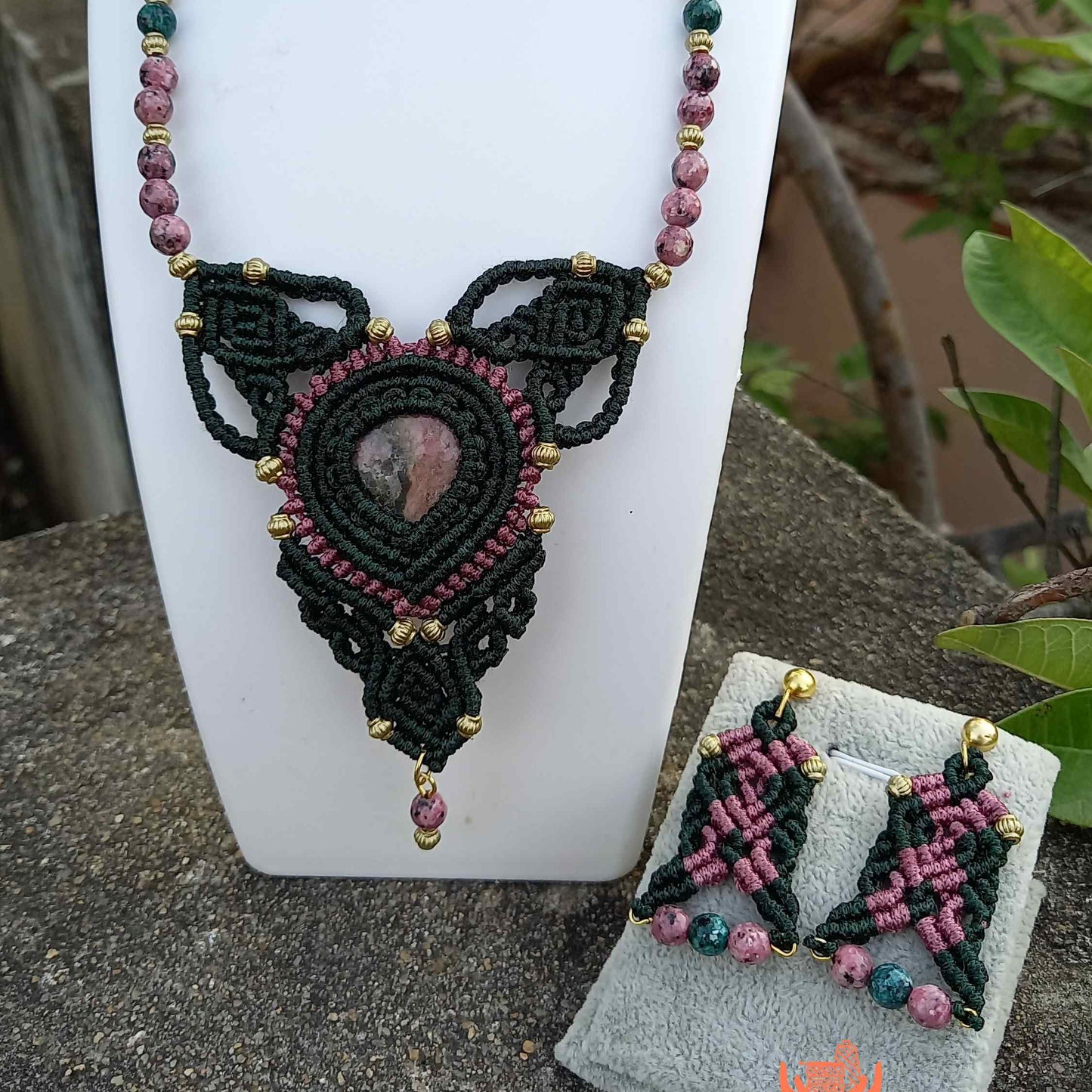 macrame bead necklace and earrings set with ruby zoisite center