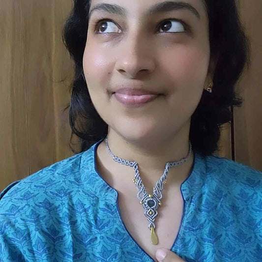 stone necklace small choker necklace macrame necklace labrodorite blue stone stud earring stone earring brass bead necklace