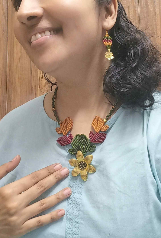 flower and leaves statement necklace and earrings set for women