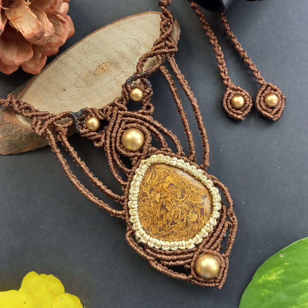 antique gold and brown necklace set beige gold necklace set elephant jasper stone necklace set